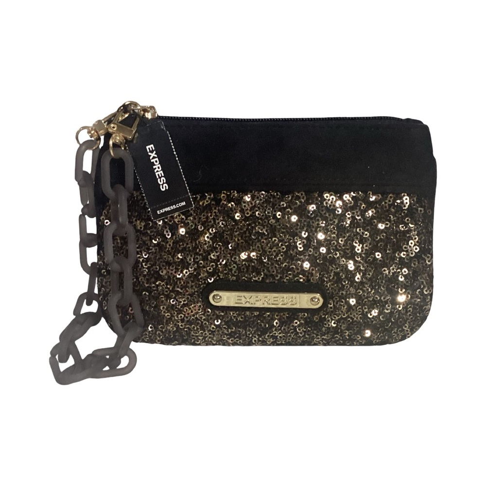 Express Black & Gold Sequin Wristlet Clutch Zip Pouch Removable Strap Bag NEW